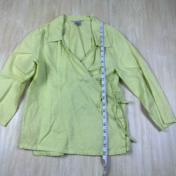 Jillian Jones 100% Linen Lime Green 3/4 Sleeve Wrap Shirt Casual Blouse Small - Picture 12 of 14